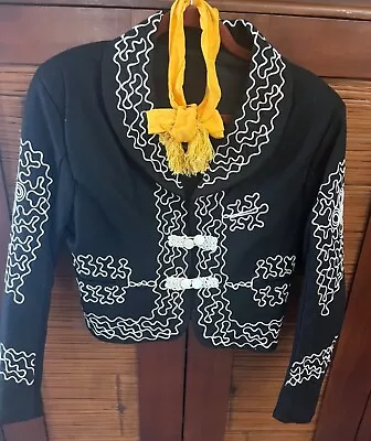 Vintage Womens Mariachi Suit Black Two Piece With Tie Jacket And Maxi Skirt • $155