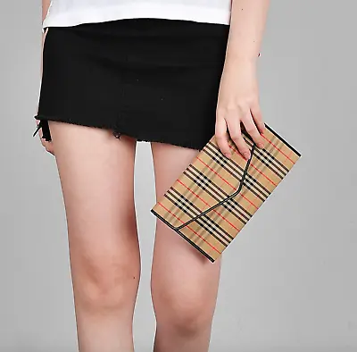 Authentic BURBERRY 1983 Check Envelope Medium Womens Clutch/Wallet IN Black • $415