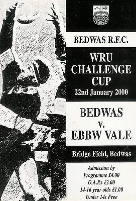 Bedwas v Ebbw Vale - Welsh Cup 22 Jan 2000 RUGBY PROGRAMME • £5.89