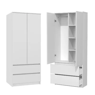 White Wardrobe MODERN 2 Door Storage With Shelves And 2 Drawers - White • £209.99