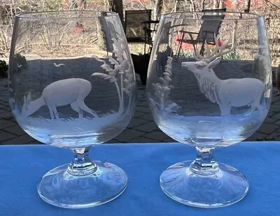 TWO Vintage Brandy Snifters Etched With Deer: Stag And Doe • $49.95