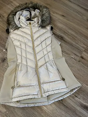 Michael Kors Vest Womens Medium Khaki Tan Hooded Faux Fur Puffer Coat PREOWNED • $59.97