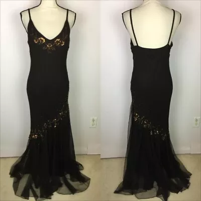 Vintage XSCAPE Gown Maxi Dress Sz 12 Womans Brown 100% Silk Embellished Sequined • $95.99