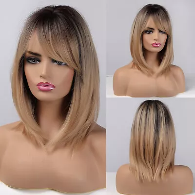 £16.79 • Buy Element Long Dark Root Ombre Highlights Blonde Hair Wigs With Bangs For Women 