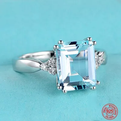 Natural Aquamarine Ring 925 Sterling Silver Turquoise Women Jewelry Size 6-10 • $9.99