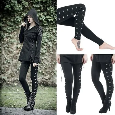 Women Fashion Gothic Lady Side Lace Up Leggings Black Skinny Pans Trousers • £13.49