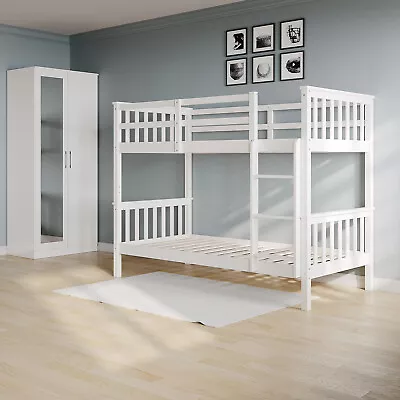 Bedroom Furniture Sets 3ft Single Solid Pine Wood Bunk Bed High Gloss Wardrobe • £312.99