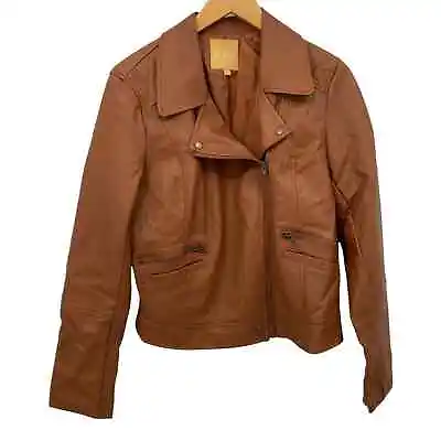 Takara Biker Jacket Juniors Large Brown Faux Leather Vegan Asymmetrical Pockets • $15