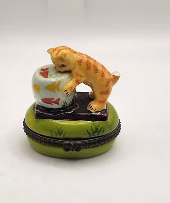 Porcelain Hinged Trinket Box Cat Kitten Fish Bowl Goldfish • $19.99