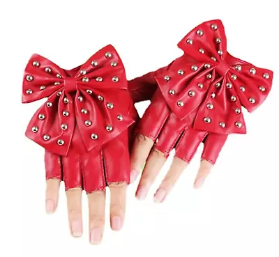 Fashion Female Finger-less Steampunk Rivet Dance Gloves Women Bow Red • $14.95