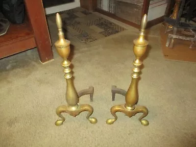 Vintage Fireplace Andiron Set Cast Iron Brass 20  Tall X 7  Long - Heavy Set • $95