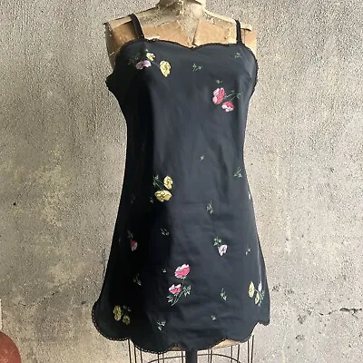 Vintage 1950s Black Nylon Floral Print Mini Slip Dress Lace Scalloped Hem • $135