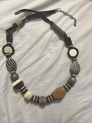Vintage Tribal Necklace Mixed Material Beads Black White Gray • $15