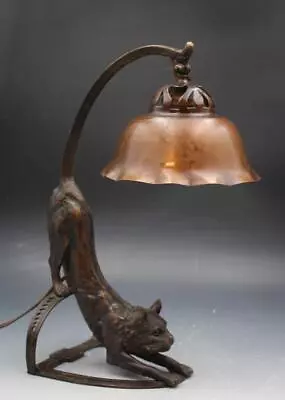 C1920s Bronze Cat Lamp W/ Original Shade Charles Paillet Lit Glowing Eyes • $2250