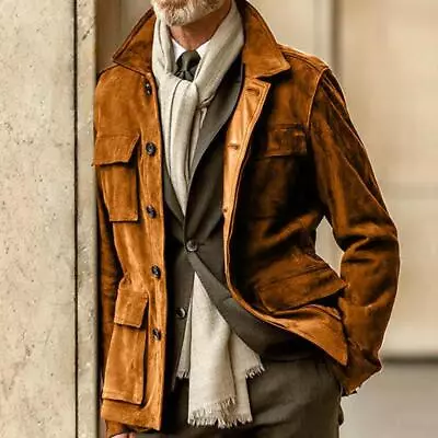 Mens Suede Casual Fashion Jacket Retro Stand Collar Trench Windbreaker Coat Size • $36.10