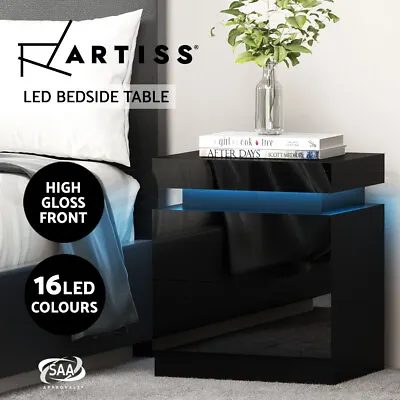 Artiss Bedside Tables 2 Drawers Side Table RGB LED Gloss Nightstand Black COLEY • $74.95