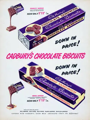 Advertisement For Cadburys Chocolate Biscuits 1950s Era Photo • $9