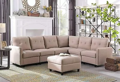 Sectional Sofa L-Shaped Couch Linen Fabric 6-Seat With Reversible Chaise Ottoman • $1145.93