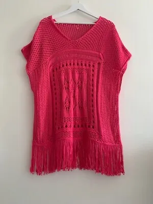 £14.99 • Buy Neon Hot Pink Crochet Open Lace Tassel Fringe Y2K Cover Up Beach Festival Top