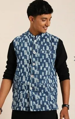 Man Indigo Geometric Printed Cotton Zari Work Nehru Jacket Festive Fast Shipping • $62.39