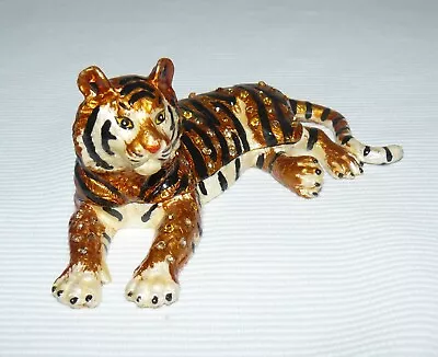 Laying Down Tiger Tiny Trinket Box Hand Painted Brown Enamel Swarovski Crystals • $29.93