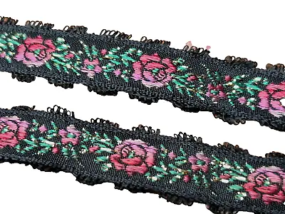 Vintage Embroidered Jacquard Trim Silk Ribbon 3/4  Scallop Pink Black 1yd France • $12.95