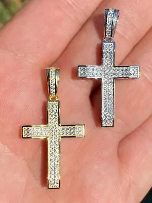 Real Solid 925 Silver / 14k Gold Plating Iced CZ Cross Mens Pendant Necklace • $33.37