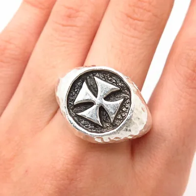 925 Sterling Vintage Maltese Cross Hammered Finish Solid Signet Ring Size 10 1/4 • $147.99