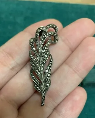 Vintage Sterling Silver Marcasite FEATHER Brooch - Germany • $25