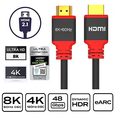 $14.99 • Buy Certified HDMI 2.1 Cable Ultra HD 8K@60Hz 4K@120Hz 48Gb 3D Dynamic HDR 0.5m ~ 5m