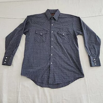 Plains Western Wear Shirt Mens Medium Blue Plaid Pearl Snap Long Sleeve Workwear • $18.88