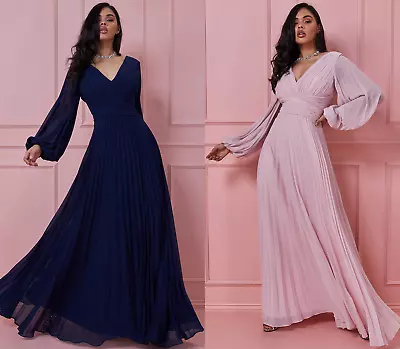 £54.99 • Buy Goddiva Chiffon Balloon Long Sleeve Pleated Maxi Evening Dress Prom Bridesmaid