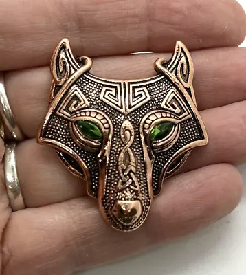 Lovely FENRIR Viking Wolf Head With Green Eyes Coppertone Brooch - BN • $8.69