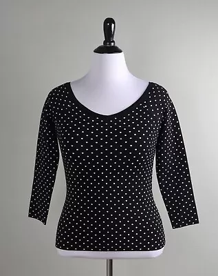 MILLY $215 Stretch Knit Black White Polka Dot Wide Neck Top Size Large • $19.99