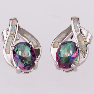 6x8 Oval Rainbow Mystic Topaz White Fire Opal Silver Jewelry Stud Earrings • $4.99