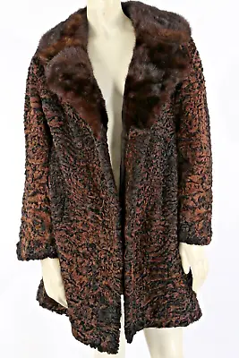 Vintage Mink Fur Collar 50s 60s Rockabilly Brown Curly Lamb Swing Coat Size M • $299.99