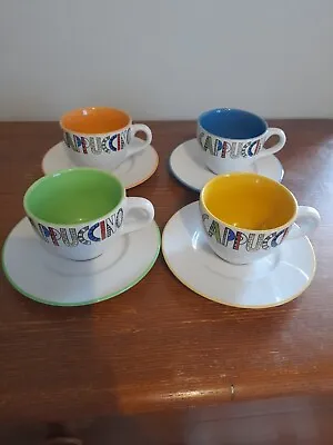 Set Of 4 Rayware Cappuccino Cups & Saucers Blue/Orange/Green/Yellow Rims • £28