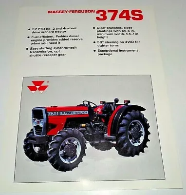 Massey Ferguson MF 374S Tractor Spec Sheet Sales Brochure Literature Ad 8/89 • $14.99