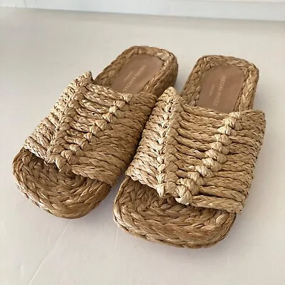$380 • Buy Paloma Barcelo Anthropologie Tanh Rattan Neutral Woven Slide Sandals Sz 37/6