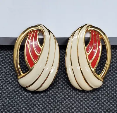 Vintage Monet Red And  White Enamel Gold Tone Stud Earrings  • $13