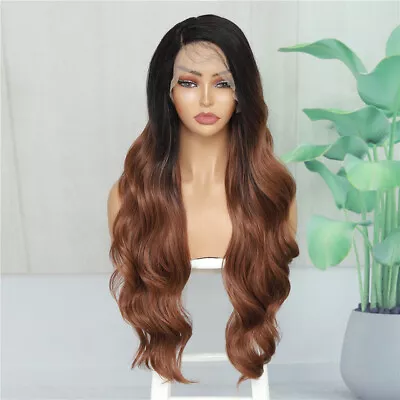 Synthetic L Part Lace Front Wig Ombre Brown 28  Long Wavy Wig Heat Resistant  • $30.97