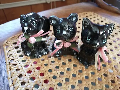 3 Black Ceramic Figurines Cat Dog Bear W/pink Bow And Rosebud New 2.5 In Tall • $4.99