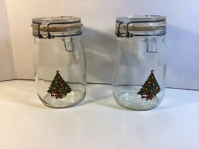 Vintage 2 Ermetico Christmas Tree Candy Cookie Storage Glass Jars Sealing Lid • $18.99