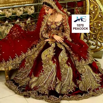 $128 • Buy Maroon Bridal Lehenga Chunri Indian Ethnic Lengha Choli Wedding Wear Velvet Sari