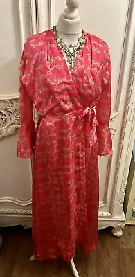 Vintage 1950s Cerise Pink Gold Leaf Paisley Boho Wrap Maxi Dress 16 • £14.99