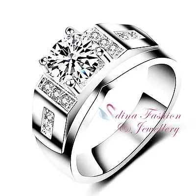 $17.99 • Buy 18K White Gold Plated Round Cut Diamond Side Stone Hot Engagement Men`s Ring    
