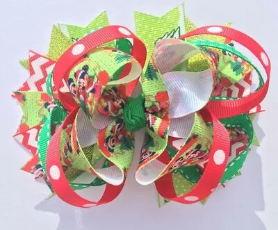 Christmas Ribbon Hair Bow Alligator Clip Mickey Mouse Boutique Red White Green • £2.45