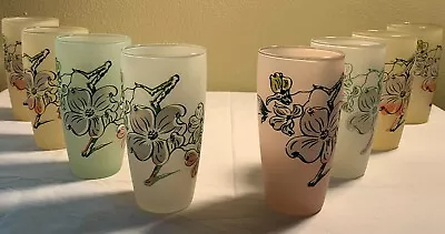 Set Of 8 Vintage Glasses Frosted Multicolored With Floral Pattern • $16