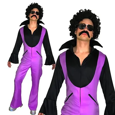 70s Pimp Costume Disco Flares Afro Wig Tash Mens Fancy Dress Jumpsuit Outfit • £22.99