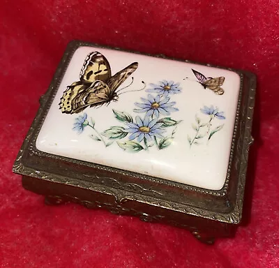 Vintage Footed Gold Metal Trinket Box Red Velvet Lined Enamel Insert Butterflies • $29